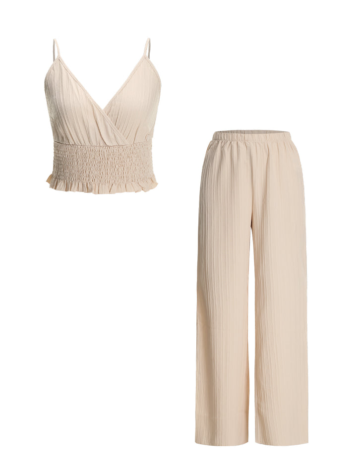 Casual Lettuce Trim Ruched Ruffle V neck Women Two-piece Outfits