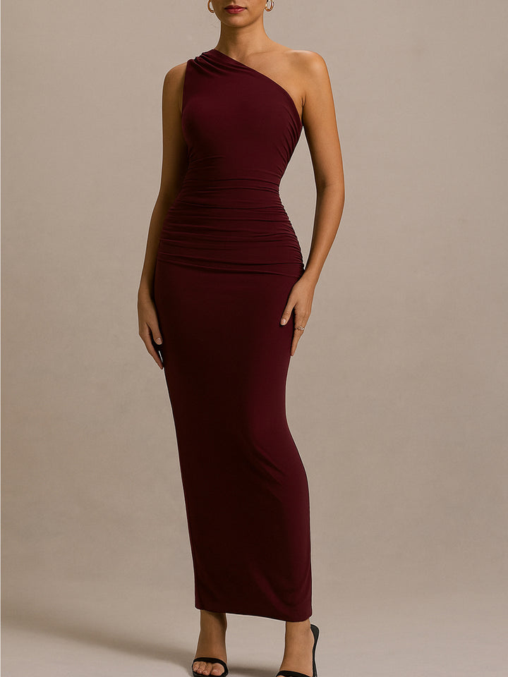 Tunic Elegant Ruched Asymmetrical Neck Maxi Women Dress
