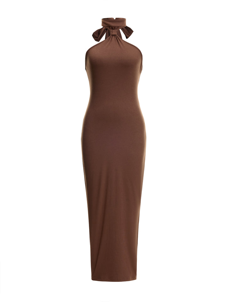 Vestido de mujeres midi rectas con cuello halter de cuello anudado