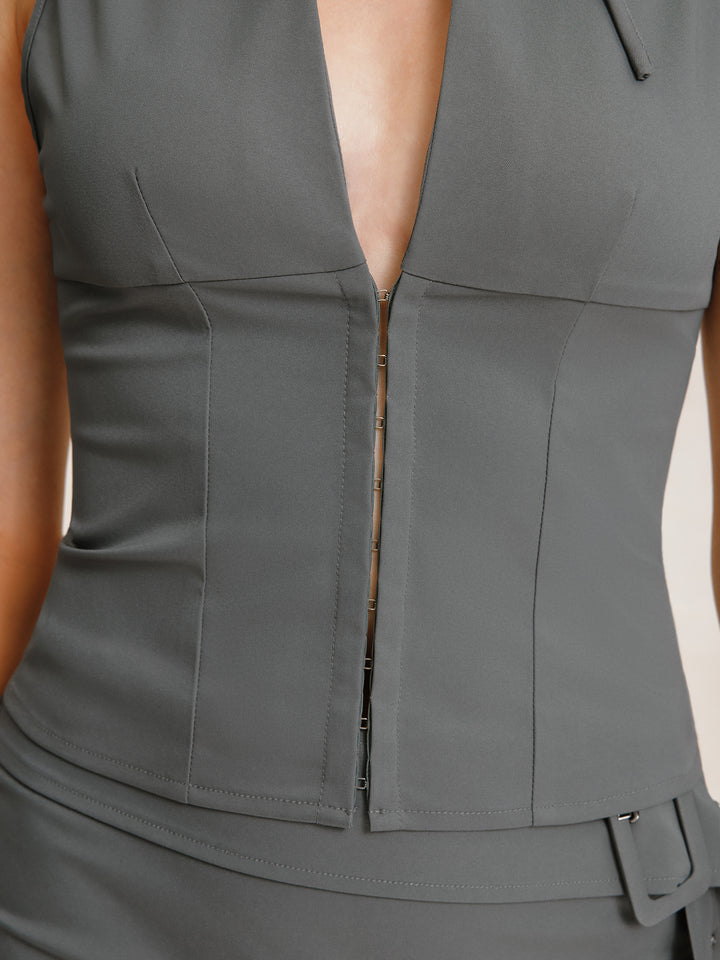 Casual Buckle Cut Out  Tie Neck Women Blouses -