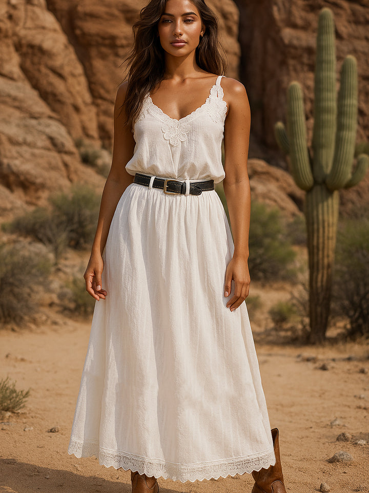 Cami Boho Lace Trim Ruched V Neck Maxi Women Women Outfits de dos piezas