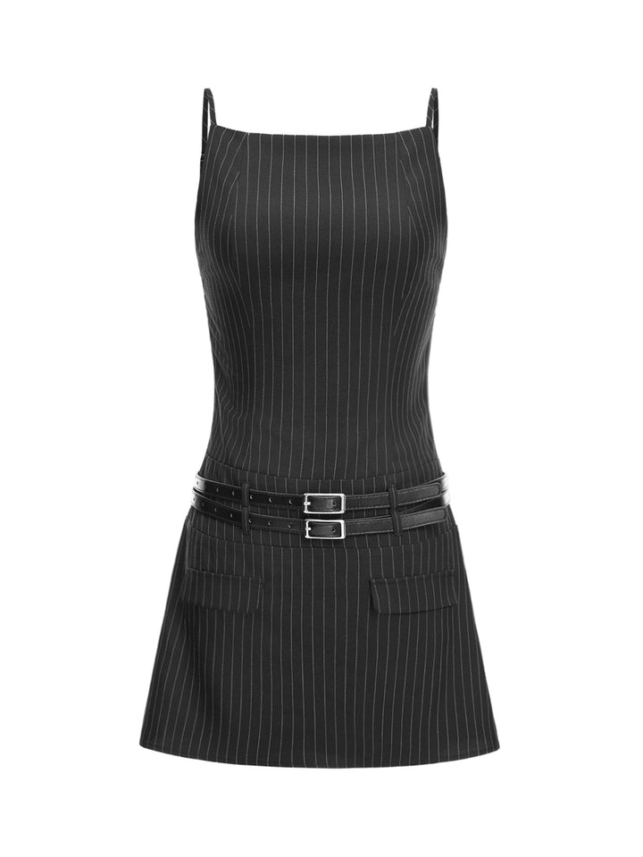 Preppy Striped Backless Belted Pocket Square Neck Mini Women Dress -