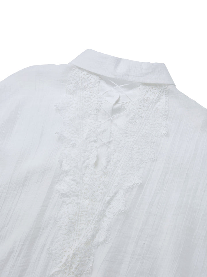 Shirt Boho Lace Trim Fold Collar Women Blouses