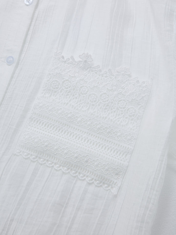 Shirt Boho Lace Trim Fold Collar Women Blouses